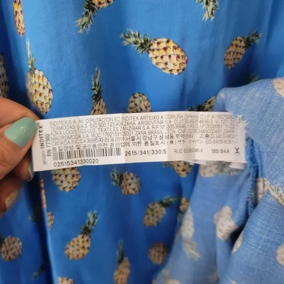 Size S Woman’s Zara Pineapple Print Mini Dress Blue Short Sleeve V Neck summer - Picture 4 of 7